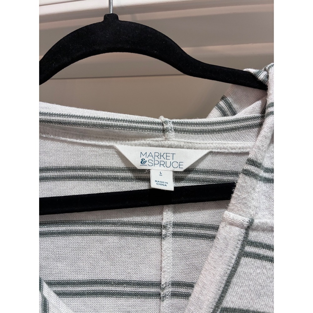 Market & Spruce Women White Grey Striped Knit Hoodie V-Neck Size L - Picture 3 of 6